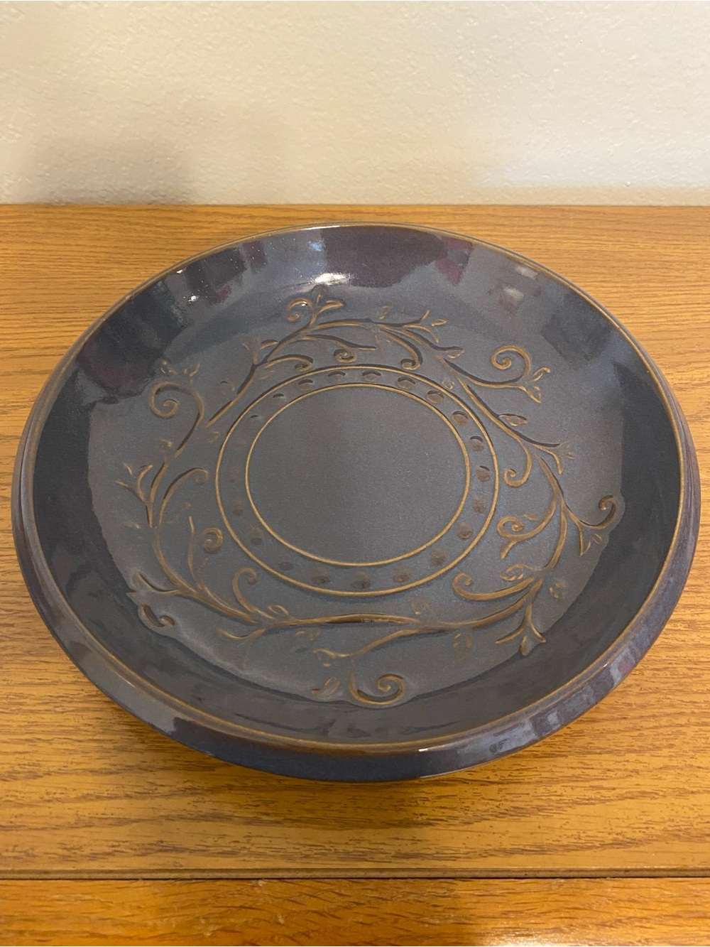 Decorative Gray Ceramic pie plate with Embossed Scroll Design